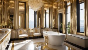 Kamar mandi dengan aksesori emas
