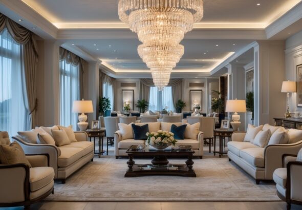 Dekorasi Ruang Keluarga Megah dan Terbaik dengan Pencahayaan Lampu Kristal untuk Suasana Elegan