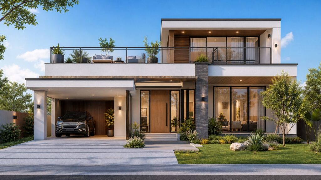 20 Contoh Design Rumah Modern 2026 dengan Garasi, Taman, dan Rooftop yang Inspiratif