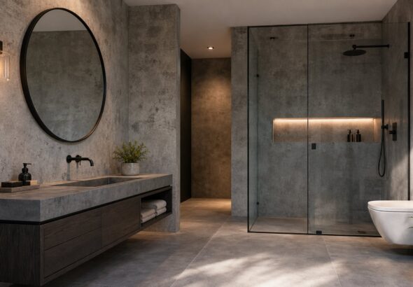 Desain Kamar Mandi Nuansa Industrial dengan Sentuhan Dinding Semen Ekspos yang Modern