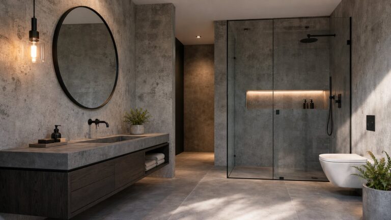 Desain Kamar Mandi Nuansa Industrial dengan Sentuhan Dinding Semen Ekspos yang Modern