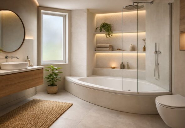 Desain Kamar Mandi Menggunakan Bathtub Sudut Kecil untuk Ruang Terbatas yang Fungsional