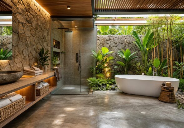Desain Kamar Mandi Terbuka (Outdoor) Semi Indoor yang Asri di Rumah Modern